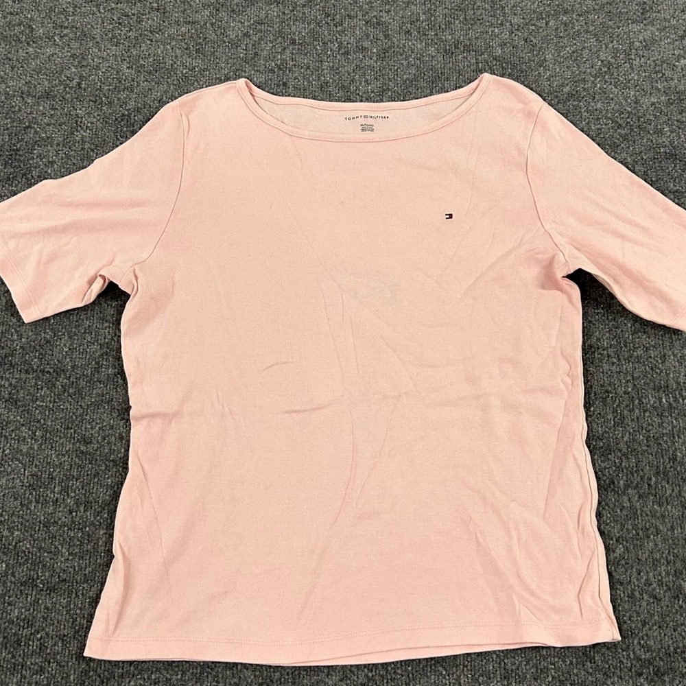 Tommy Hilfiger Shirt Womens Size XL Pink Boat Neck Short Sleeve Casual Logo Top